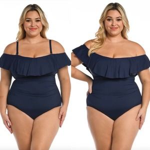La Blanca Island Goddess Off Shoulder Ruffle One Piece Swimsuit Indigo 20W New